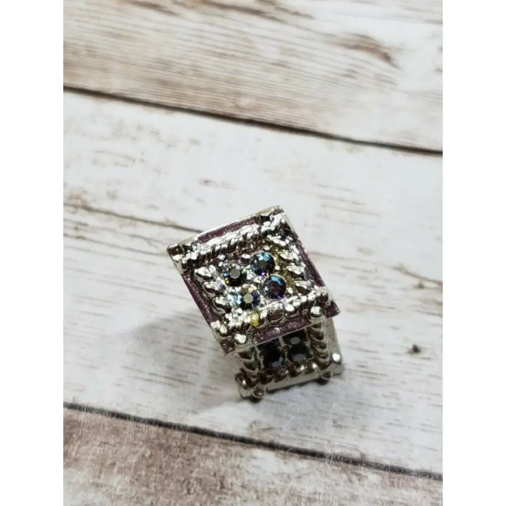 Vintage Screw On Earrings Silver Tone Diamond Shaped Dark Iridescent Stones